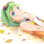 1girl amulet autumn_leaves bare_shoulders commentary goggles goggles_on_head green_eyes green_hair gumi holding holding_leaf leaf looking_at_viewer lying on_back orange_shirt red_goggles reflection riku_kanna shirt short_hair sleeveless sleeveless_shirt smile solo upper_body vocaloid white_background wrist_cuffs 