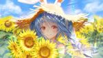  1girl alternate_costume animal_ear_fluff animal_ears artist_name blue_sky blush braid bunny_ears closed_mouth cloud cloudy_sky commentary day dress flower hair_between_eyes hair_ribbon hat hikosan20216917 holding holding_flower hololive light_blue_hair lips long_hair looking_at_viewer multicolored_hair outdoors rainbow red_eyes ribbon signature sky sleeveless sleeveless_dress smile solo straw_hat sunflower symbol-shaped_pupils thick_eyebrows tress_ribbon twin_braids twintails two-tone_hair upper_body usada_pekora virtual_youtuber white_dress white_hair white_ribbon 