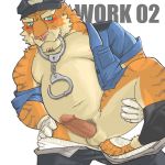  2013 anthro balls belly blush bottomwear clothed clothing erection felid genitals hat headgear headwear hi_res kemono male mammal navel open_shirt overweight overweight_male pantherine pants penis police police_hat shirt solo text tiger topwear underwear v2wolf 