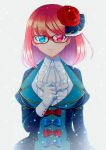  1girl blue_eyes breasts flower frills glasses gloves hair_flower hair_ornament heterochromia highres isaiah_(pixiv_fantasia_age_of_starlight) large_breasts long_sleeves looking_at_viewer medium_hair pixiv_fantasia pixiv_fantasia_age_of_starlight puffy_long_sleeves puffy_sleeves red-framed_eyewear red_eyes red_hair simple_background standing upper_body vivid_bbdan white_background white_gloves 