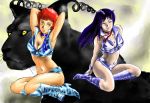 1980s_(style) 2girls armpits blue_hair boots breasts cleavage dirty_pair high_heel_boots high_heels kei_(dirty_pair) long_hair midriff multiple_girls navel oldschool panther red_hair rx92 short_hair smile yuri_(dirty_pair) 
