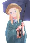  1girl absurdres alternate_costume asymmetrical_bangs bangs blonde_hair blue_eyes clara_(girls_und_panzer) cowboy_shot forehead girls_und_panzer hat highres japanese_clothes kimono long_hair looking_at_viewer obi oze_(xyz_go_go11) rain sash solo straw_hat umbrella white_background wide_sleeves 