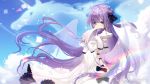  1girl azur_lane blue_sky covered_navel day dress elbow_gloves gloves highres light_particles long_dress long_hair looking_at_viewer object_hug one_side_up purple_eyes purple_hair side_bun sky solo sparkle standing stuffed_unicorn unicorn_(azur_lane) very_long_hair weibo_username white_dress white_gloves yuxiantailang 