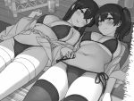  2girls akagi_(kantai_collection) bikini bikini_under_clothes breasts chair commentary_request cowboy_shot greyscale japanese_clothes kaga_(kantai_collection) kantai_collection large_breasts long_hair lying monochrome multiple_girls one_eye_closed open_clothes shijukara_(great_tit) side-tie_bikini side_ponytail swimsuit swimsuit_under_clothes thighhighs wooden_floor 