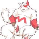  2013 anthro balls belly blush cute_fangs erection fur genitals kemono male navel nintendo overweight overweight_male penis pok&eacute;mon pok&eacute;mon_(species) red_body red_fur reverse_zangoose_day simple_background sitting solo v2wolf video_games white_background white_body white_fur zangoose 