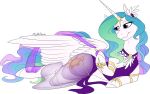  clothed clothing equid female feral friendship_is_magic harem_outfit horn jewelry lingerie lying mammal my_little_pony mythpony on_front princess_celestia_(mlp) solo translucent translucent_clothing white_body winged_unicorn wings 