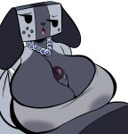  2020 absurd_res animate_inanimate anthro beady_eyes big_breasts black_nose breasts canid cleavage clothed clothing dress duo erection eyelashes faceless_male female floppy_ears genitals glans grey_body half-closed_eyes hi_res huge_breasts humanoid_genitalia humanoid_penis isolatedartest jewelry male male/female mammal narrowed_eyes necklace nintendo nintendo_switch partially_retracted_foreskin penis sex switch_dog titfuck uncut video_games 
