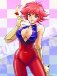  1girl blue_eyes bodysuit breasts choker cleavage closed_mouth cutie_honey cutie_honey_(character) gloves groin halterneck heart large_breasts looking_at_viewer magical_girl oldschool red_hair short_hair skin_tight smile solo sword tamanegiinyo weapon 
