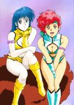  1980s_(style) 2girls blue_hair boots breasts cleavage closed_mouth dark_skin dirty_pair earrings gloves headband jewelry kei_(dirty_pair) long_hair looking_at_viewer midriff multiple_girls oldschool open_mouth red_hair rx92 short_hair smile yuri_(dirty_pair) 
