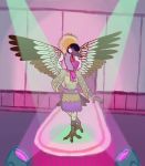  anthro avian belt bird bottomwear bra bracelet clothed clothing crane_(bird) crowned_crane dregadude fashion female grey_crowned_crane gruiform hi_res jewelry legwear lights looking_at_viewer runway scarf skirt solo tights translucent translucent_clothing underwear walking wings 