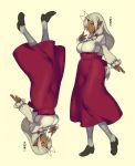  1girl absurdres antenna_hair blush breasts character_name closed_eyes dark_skin high-waist_skirt highres long_hair long_skirt multiple_views namaniku_atk pointy_ears puffy_sleeves sansei_muramasa skirt soukou_akki_muramasa w white_hair white_legwear yellow_eyes 