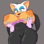  2020 anthro areola belly big_breasts black_clothing blue_eyes breasts chiropteran clothing female fupoo grey_background hair hand_on_breast huge_breasts mammal nipples rouge_the_bat simple_background solo sonic_the_hedgehog_(series) thick_thighs white_hair wide_hips 