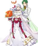  1boy 1girl alternate_costume bird bouquet bow cape crossed_arms dress feathered_wings feathers fire_emblem fire_emblem:_radiant_dawn fire_emblem_heroes flower full_body gloves green_hair grey_hair highres leaf long_hair micaiah_(fire_emblem) official_art open_mouth sothe_(fire_emblem) teffish transparent_background veil wings yellow_eyes yune_(fire_emblem) 