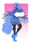  absurd_res anthro big_breasts bottomwear breasts camel_toe cellphone cleavage clothed clothing equid female_(lore) footwear friendship_is_magic hi_res high_heels horn huge_breasts lips mammal my_little_pony nipple_outline phone princess_luna_(mlp) scarfyace shoes shorts solo thick_lips winged_unicorn wings 