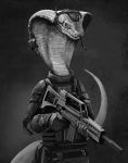  2020 agent_torque armor assault_rifle belly_scales black_and_white cicakkia female forked_tongue g36 gun holding_object holding_weapon long_tongue monochrome naga portrait ranged_weapon reptile rifle scales scalie serpentine sketch snake snake_hood solo three-quarter_portrait tongue tongue_out video_games viper_(x-com) weapon x-com x-com:_chimera_squad 