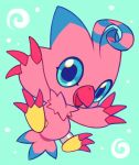  avian beak biyomon blue_background blue_eyes blue_markings claws digimon digimon_(species) extyrannomon_(artist) feather_tuft feathers female happy markings open_mouth pink_body pink_feathers red_beak red_claws ring simple_background solo toe_claws tuft 