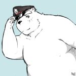  2013 anthro belly blue_background clothing fur hat headgear headwear humanoid_hands male mammal nat10730 overweight overweight_male polar_bear simple_background solo ursid ursine white_body white_fur 