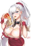  1girl absurdres azur_lane belfast_(azur_lane) blue_eyes blush braid breasts chain cheese_trail collar collarbone dress earrings eating eyebrows_visible_through_hair food food_on_breasts french_braid hair_between_eyes hair_ornament highres holding_pizza jewelry large_breasts long_hair looking_at_viewer nez-box pizza ponytail red_dress silver_hair simple_background sleeveless sleeveless_dress slice_of_pizza smile solo teeth tongue tongue_out white_background 