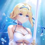  1girl absurdres air_bubble anbe_yoshirou azur_lane bare_shoulders bikini blonde_hair blue_choker breasts bubble choker cleavage collarbone freediving hair_bun highres jeanne_d&#039;arc_(azur_lane) large_breasts light_rays looking_away off_shoulder rapier short_hair solo swimsuit sword tied_hair underboob underwater upper_body water weapon white_bikini 