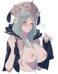  blush breasts commentary_request fire_emblem fire_emblem:_three_houses flower green_eyes green_hair green_nails hair_flower hair_ornament heart highres looking_at_viewer nail_polish nipples rhea_(fire_emblem) simple_background tiara tokika_asr undressing upper_body white_background 