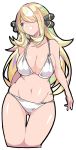  1girl ass_visible_through_thighs bare_shoulders bikini blonde_hair breasts cleavage collarbone elite_four enpe hair_ornament hair_over_one_eye highres large_breasts long_hair looking_to_the_side navel o-ring pokemon pokemon_(game) pokemon_dppt purple_eyes shirona_(pokemon) simple_background smile swimsuit thighs white_background white_bikini 