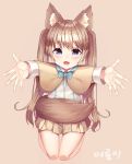  1girl :d animal_ear_fluff animal_ears bangs blue_bow blush bow brown_background brown_capelet brown_hair brown_skirt collared_shirt commentary_request dress_shirt eyebrows_visible_through_hair fang highres korean_commentary korean_text long_hair long_sleeves looking_at_viewer open_mouth original outstretched_arms pleated_skirt purple_eyes shiro_(acad1213) shirt signature simple_background skirt smile solo tail twintails very_long_hair white_shirt 
