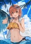  1girl :d absurdres arm_up bare_shoulders bikini black_bikini brown_hair cloud collarbone day hand_on_own_chest highres jacket jjeono looking_at_viewer misaka_mikoto mismatched_bikini navel off_shoulder open_mouth orange_bikini orange_eyes outdoors short_hair smile solo stomach swimsuit to_aru_kagaku_no_railgun to_aru_majutsu_no_index wading water white_jacket 