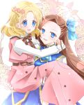  2girls :d belt blonde_hair blue_bow blue_dress blue_earrings blue_eyes blush bow braid brown_bow brown_hair carrying dress earrings eye_contact flower gloves hair_bow hair_flower hair_ornament highres jewelry katarina_claes long_hair long_sleeves looking_at_another maria_campbell medium_hair multiple_girls open_mouth otome_game_no_hametsu_flag_shika_nai_akuyaku_reijou_ni_tensei_shite_shimatta pink_dress princess_carry smile tenmai_miwa white_background white_gloves yuri 