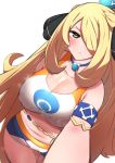  1girl :t absurdres blonde_hair breasts choker cleavage collarbone commentary_request cosplay covered_nipples hair_over_one_eye highres large_breasts long_hair namonakisyura navel pokemon pokemon_(game) pokemon_swsh rurina_(pokemon) rurina_(pokemon)_(cosplay) shirona_(pokemon) simple_background solo thigh_gap thighs translation_request very_long_hair white_background 