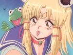  1boy 1girl animal_print bishoujo_senshi_sailor_moon blonde_hair blue_sailor_collar breasts choker cleavage cosplay derivative_work frog frog_eyes frog_print hair_ornament hair_ribbon jewelry kermit_the_frog meme moriya_suwako muppets puppet pyonta red_ribbon ribbon sailor_collar sailor_moon sailor_moon_(cosplay) sailor_moon_redraw_challenge school_uniform screencap_redraw shirt short_hair step_arts tongue tongue_out touhou white_shirt yellow_eyes 