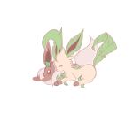  ^_^ brown_eyes charamells closed_eyes closed_mouth commentary creature eevee english_commentary full_body gen_1_pokemon gen_4_pokemon happy leafeon lying no_humans on_stomach pokemon pokemon_(creature) simple_background smile white_background 