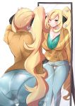  1girl 2girls absurdres ass blonde_hair breasts coat cosplay denim grin hair_ornament heart heart_hair_ornament highres huge_filesize jeans large_breasts long_hair mirror multiple_girls namonakisyura pants pantylines pokemon pokemon_(game) pokemon_swsh shirona_(pokemon) side_ponytail smile solo sonia_(pokemon) sonia_(pokemon)_(cosplay) thigh_gap very_long_hair visor_cap wide_hips 