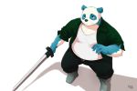  2013 anthro blue_body blue_fur bottomwear clothing fur giant_panda male mammal melee_weapon nat10730 overweight overweight_male pants shirt simple_background solo sword topwear ursid weapon white_background white_body white_fur 