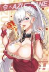  1girl absurdres azur_lane belfast_(azur_lane) blue_eyes blush braid breasts chain cheese_trail collar collarbone dress earrings eating eyebrows_visible_through_hair food food_on_breasts french_braid hair_between_eyes hair_ornament highres holding_pizza jewelry large_breasts long_hair looking_at_viewer nez-box pizza pizza_hut ponytail product_placement red_dress silver_hair sleeveless sleeveless_dress slice_of_pizza smile solo teeth tongue tongue_out 