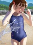  1girl :d ^_^ artist_logo artist_name bangs beach blue_sky blue_swimsuit blurry blurry_background brown_hair bush closed_eyes collarbone commentary_request competition_school_swimsuit covered_navel cowboy_shot day depth_of_field emblem flat_chest hair_tie hands_up happy highres horizon laughing motion_blur mountainous_horizon mu-pyon one-piece_swimsuit open_mouth original outdoors rock sand school_swimsuit short_hair short_twintails signature skin_tight sky smile solo splashing standing straight_hair swimsuit taut_clothes taut_swimsuit teeth tree twintails twitter_username water 