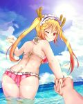  2girls :3 bikini bikini_bottom blue_sky cloud cloudy_sky dragon dragon_girl highres holding_hands ibukikun kanna_kamui kobayashi-san_chi_no_maidragon maid_headdress multiple_girls ocean pink_bikini pov sky slit_pupils striped swimsuit tooru_(maidragon) twintails vertical-striped_bikini vertical_stripes water 