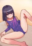  1girl barefoot black_hair commentary_request feet_out_of_frame gymnast_leotard highres himeragi_rinze leotard looking_at_viewer lying mat on_side purple_eyes purple_leotard reco_love reco_love_gold_beach saisho_no_nakama short_hair solo spread_legs wooden_floor 