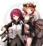  2girls ;d aa_(sin2324) ahoge arknights bandeau bangs belt black_gloves black_jacket black_legwear black_shorts brown_eyes commentary_request croissant_(arknights) exusiai_(arknights) eyebrows_visible_through_hair fingerless_gloves gloves grey_eyes gun halo highres horns jacket knees_up kriss_vector looking_at_viewer midriff multiple_girls navel one_eye_closed open_clothes open_jacket open_mouth orange_hair pantyhose raglan_sleeves red_hair short_hair short_shorts short_sleeves shorts smile spaghetti_strap stomach submachine_gun thighs visor_cap weapon white_background white_gloves white_jacket 