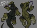  ambiguous_gender anthro claws forked_tongue green_body green_scales grey_background khass khass_(character) komodo_dragon lizard long_tongue lying model_sheet monitor_lizard on_back on_front orange_eyes reptile scales scalie simple_background solo tongue tongue_out 