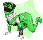  1girl abe_tsukumo all_fours ass bodysuit breasts chameleon_green helmet looking_at_viewer skirt solo star uchuu_sentai_kyuuranger 