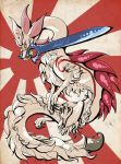  amaterasu capcom claws company_connection dragon egocider fur fusion glaive highres holding holding_weapon huge_weapon long_neck long_tail making-of_available mizutsune monster_hunter monster_hunter_x mouth_hold no_humans ookami_(game) rising_sun solo sunburst sword tail weapon 
