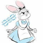  alice_in_wonderland anthro disney english_text fur grey_body grey_fur hi_res judy_hopps lagomorph leporid mammal purple_eyes rabbit simple_background solo text trashasaurusrex white_background white_body white_fur zootopia 