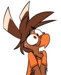  2019 alpha_channel anthro avian beak biped bird brown_body brown_feathers clothed clothing digital_media_(artwork) eyebrows feather_hair feathered_wings feathers freckles hi_res male orange_eyes piemations pretzel_(piemations) pseudo_hair shirt simple_background smile solo topwear transparent_background tuft wings 