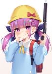  1girl :q absurdres backpack bag blue_hair blue_ribbon blue_shirt blush bow braid child closed_mouth collared_shirt commentary_request ear_piercing earrings gradient gradient_background grey_background gun hair_ribbon hand_on_own_cheek handgun hat hat_bow heart heart-shaped_pupils highres holding holding_gun holding_weapon hololive jewelry kindergarten_uniform long_hair minato_aqua multicolored_hair piercing pistol purple_eyes purple_hair randoseru red_bow ribbon school_hat shirt smile smoke smoking_gun solo stud_earrings suppressor symbol-shaped_pupils taitai tongue tongue_out twintails two-tone_hair upper_body virtual_youtuber weapon weapon_request white_background yellow_headwear younger 