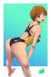  1girl arched_back artist_name ass back backless_outfit bangs black_swimsuit bob_cut breasts brown_eyes brown_hair competition_swimsuit eyebrows_visible_through_hair gentle_sasaki gradient gradient_background green_background highres large_breasts leaning_forward looking_at_viewer looking_back one-piece_swimsuit open_mouth persona persona_4 satonaka_chie shadow short_hair signature smile solo standing swimsuit teeth thighs two-tone_background white_background 