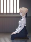  1girl absurdres ahoge artist_name artoria_pendragon_(all) bangs black_bow black_legwear blonde_hair blue_neckwear blue_skirt blush bow braid closed_eyes collared_shirt dojo drid fate/stay_night fate_(series) french_braid from_side hair_bow hands_on_own_knees highres indoors long_sleeves on_floor pantyhose profile saber seiza shirt short_hair sitting skirt solo white_shirt wooden_floor 