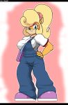  accessory activision anthro bandicoot big_breasts big_shoes blonde_hair breasts clothed clothing coco_bandicoot computer crash_bandicoot_(series) droll3 female flower flower_in_hair footwear hair hair_accessory hand_on_hip hi_res holding_object humanoid jumpsuit laptop looking_at_viewer mammal marsupial plant pose shirt shoes smile solo t-shirt topwear video_games 