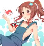  1girl blush breasts brown_hair collarbone fish galilei_donna hair_ornament honda_naoki hozuki_ferrari jewelry naked_overalls necklace no_bra overalls ponytail red_eyes scrunchie short_hair small_breasts solo 