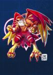 2019 abs anthro armor avian bandanna beak blonde_hair claws crest_of_love digimon digimon_(species) digimon_crest feathers febriariyanto fingers garudamon green_eyes hair headgear helmet male markings muscular red_body red_feathers red_markings signature solo symbol toe_claws tuft watermark white_body white_feathers white_markings wings yellow_body yellow_feathers 