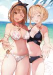  2girls :d ;d ^_^ ass_visible_through_thighs atelier_(series) atelier_ryza beach bikini black_bikini blonde_hair blurry blurry_background blush bow bracelet braid breasts bright_pupils brown_hair cleavage closed_eyes cowboy_shot day depth_of_field fang hair_bow hair_ornament hair_ribbon hair_up hairband hairclip halterneck hands highres horizon jewelry klaudia_valentz large_breasts medium_breasts multi-strapped_bikini multiple_girls navel necklace o-ring o-ring_bikini o-ring_bottom ocean official_art one_eye_closed open_hand open_mouth outdoors outstretched_hand print_bikini reisalin_stout ribbon sand sand_art short_hair side_braid sidelocks smile swimsuit thighs toridamono white_bikini white_pupils 